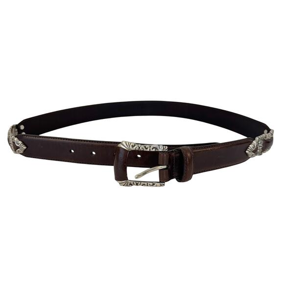 Fossil Brown Leather Belt Silver-Tone Hardware Boho Design Size M - Picture 1 of 11